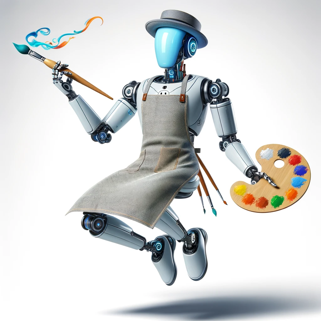 DALL·E 2024-02-20 15.36.07 - Imagine a futuristic AI robot artist, designed with sleek and modern aesthetics, floating effortlessly above the ground. This robot is equipped with a